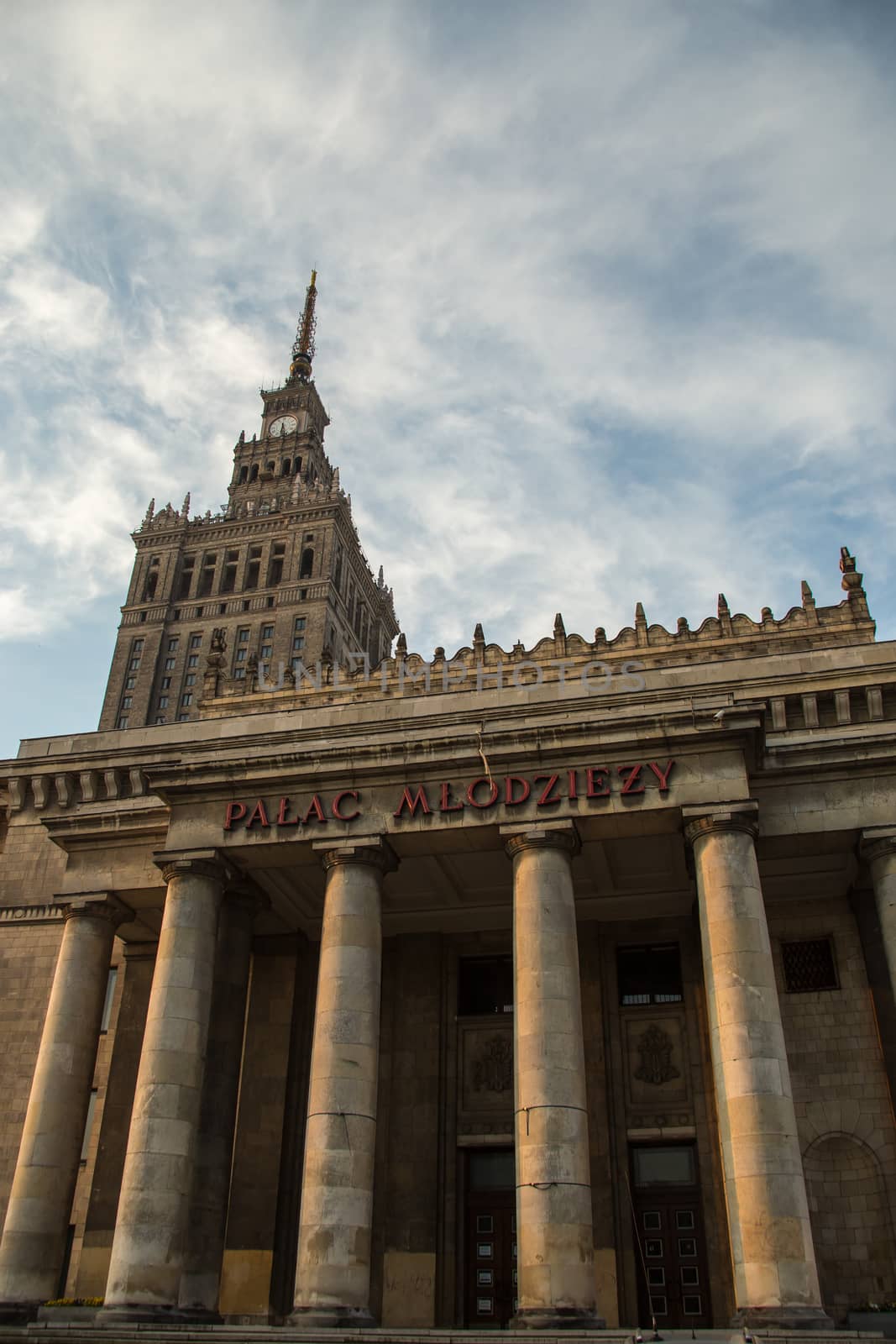 Monumental polish skyscraper - Palace of Culture and Science in Warsaw city, Poland. Historical architecture and socialism symbol.