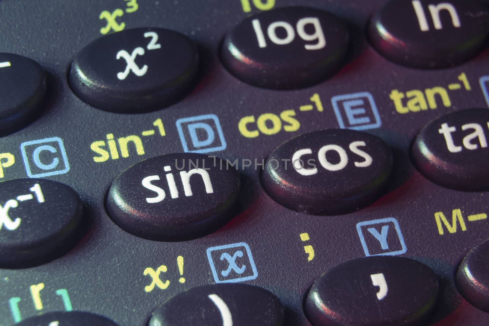 trigonometry functions push buttons of scientific calculator; focus on sin button