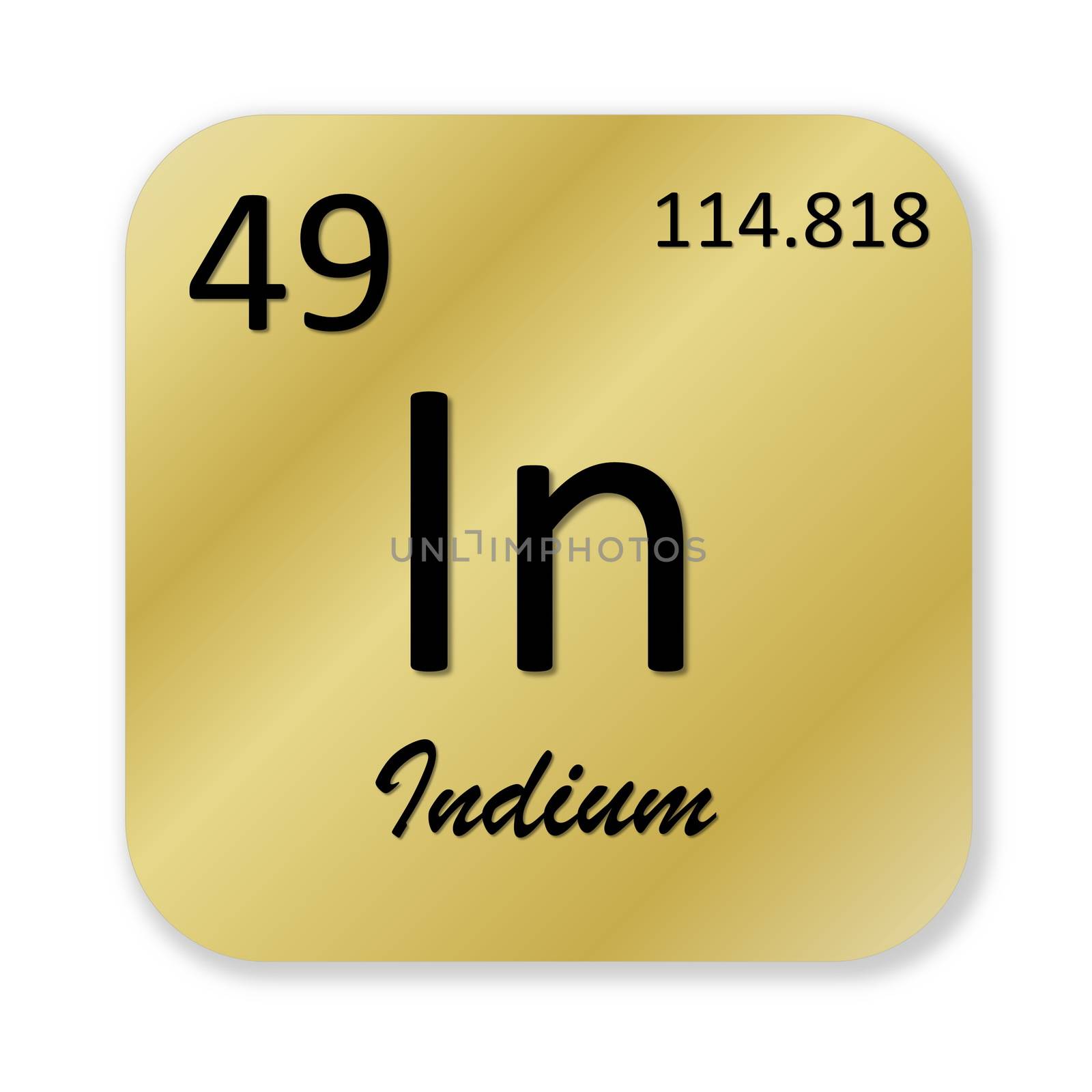 Black indium element into golden square shape isolated in white background
