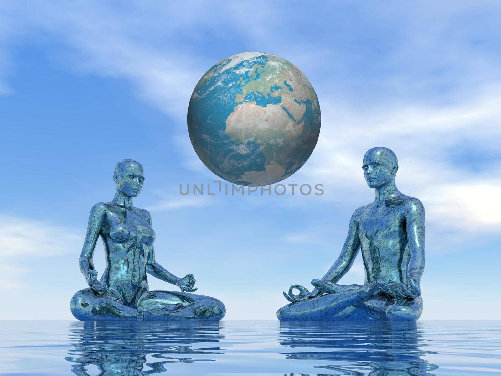 Man plus woman silhouettes meditating upon water under big earth by beautiful day