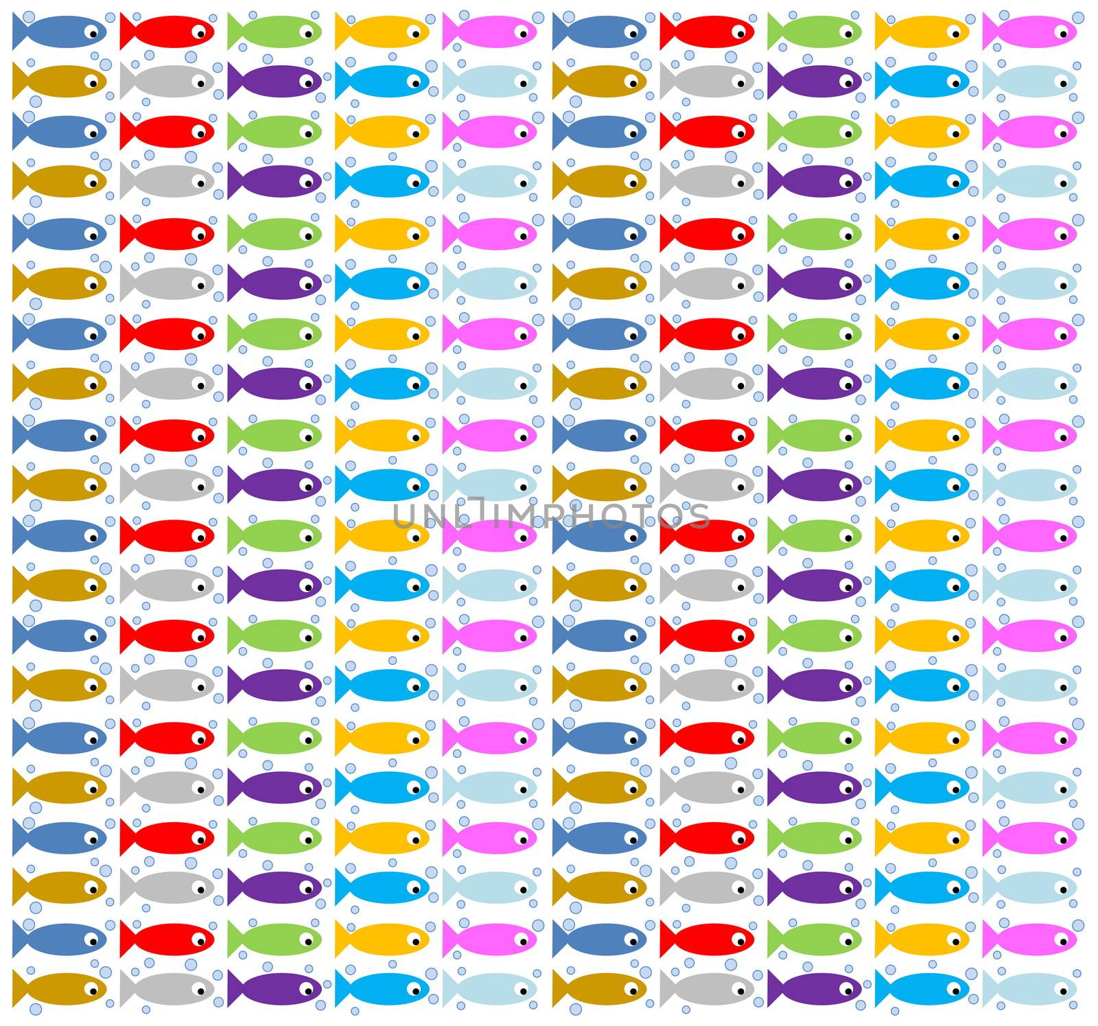Many colorful fishes and bubbles in white background