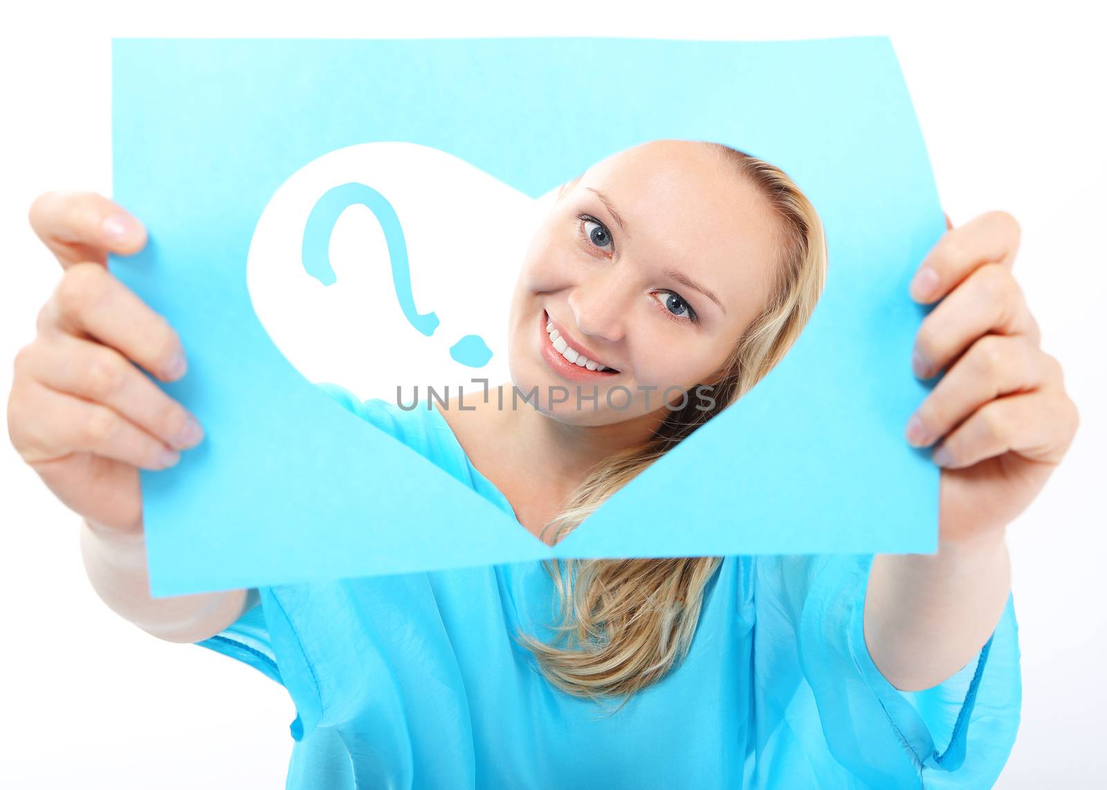 Woman with blue card with cut out heart