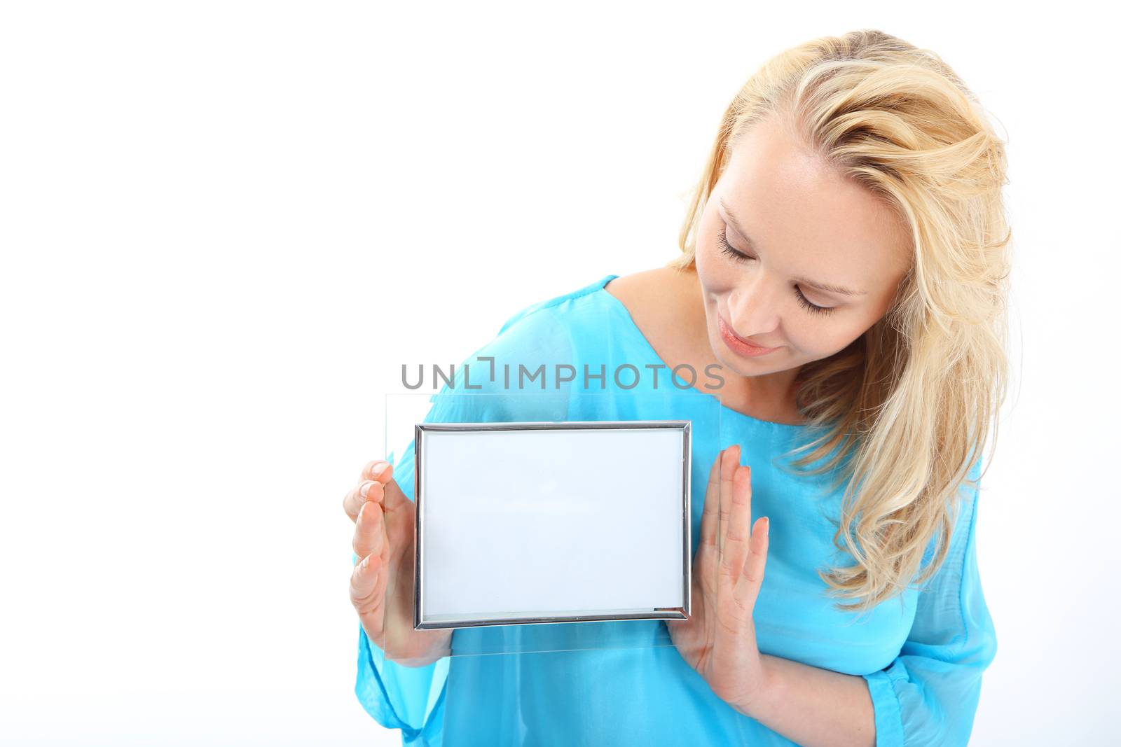 Young girl in checkered shirt on white background