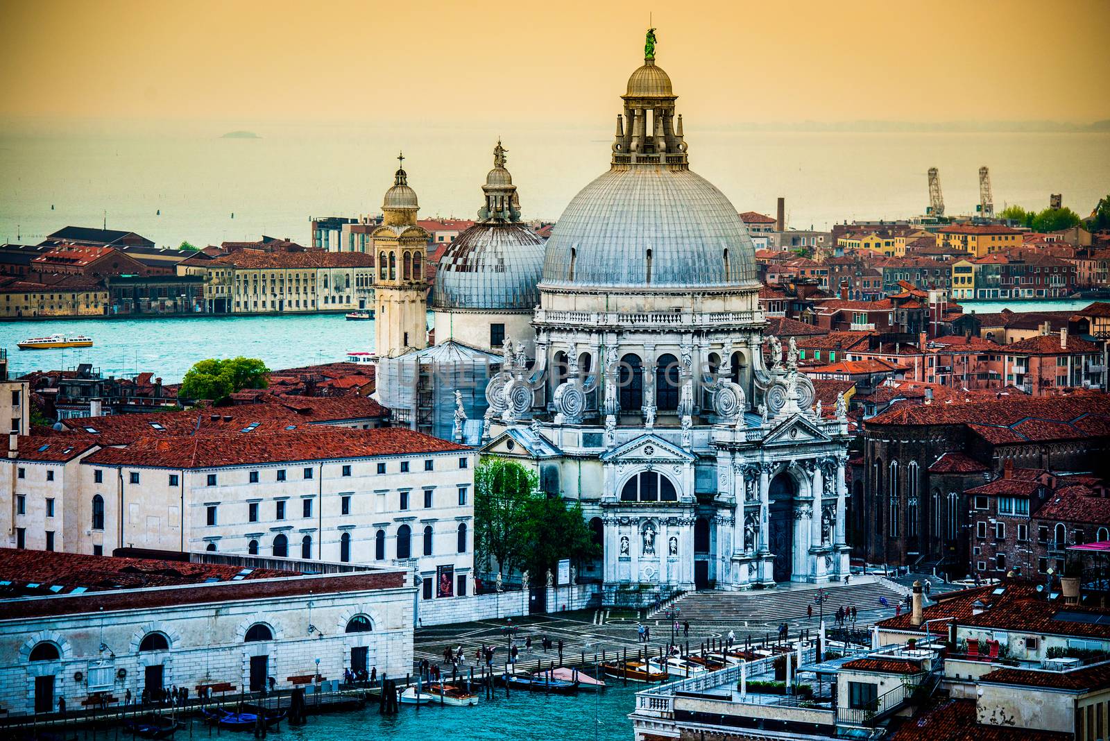 Beautiful view on Grand canal and Basilica Santa Maria della Salute in sunset