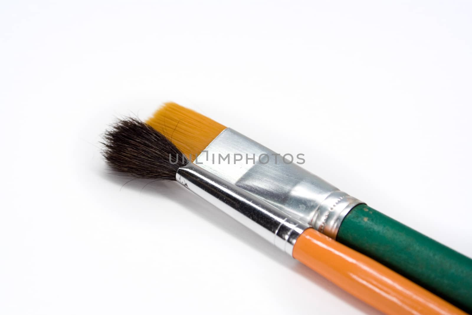 Two artistic paint brushes studio isolated on white background