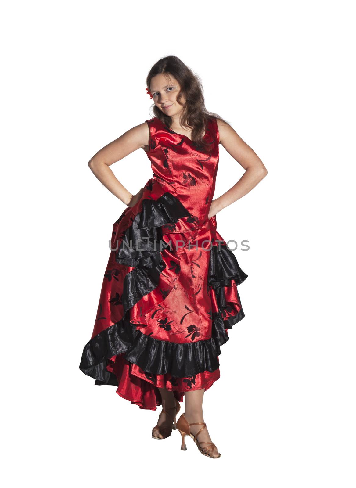 Young woman dancing flamenco, studio shot, white background