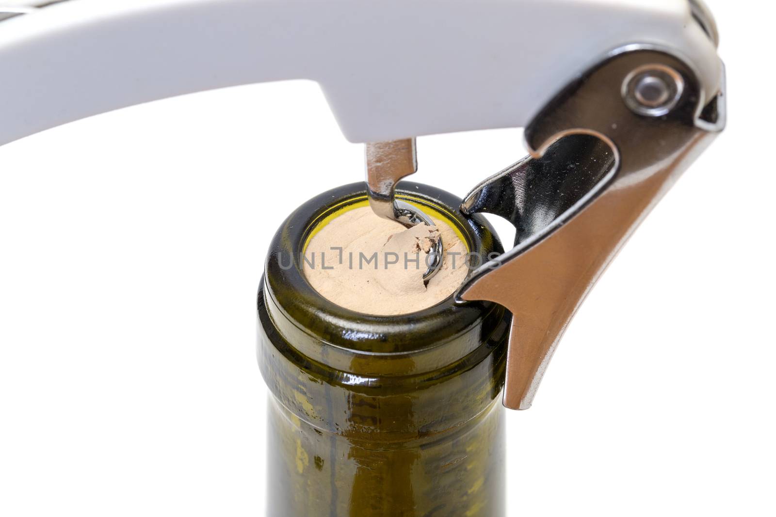 Corkscrew with Bottle of Wine, on white background