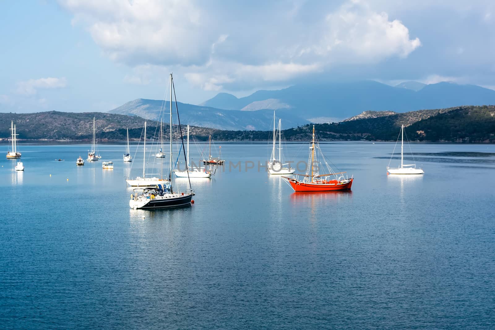 Scenic summer view of boats and yachts in Poros, Greece