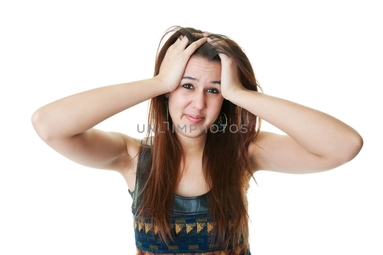 A sad and stressed mixed race college student.  Shot on white background.