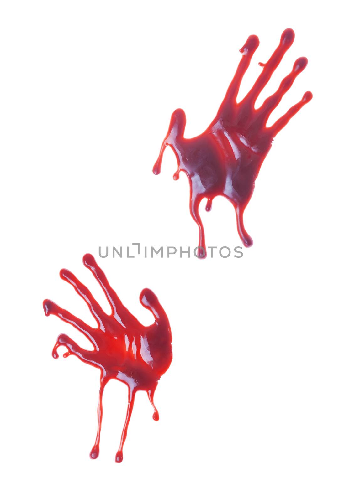 Bloody hand prints on a white background.