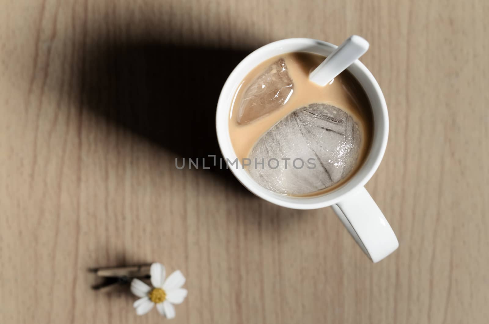 ice coffee on a wooden table, shoot with window light