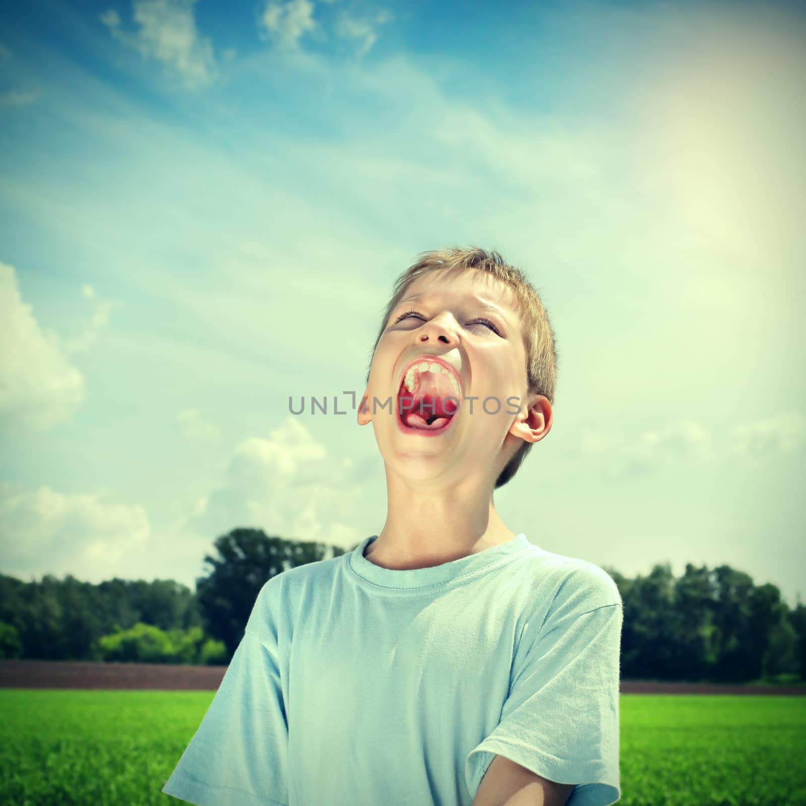 Toned photo of the Happy Kid screaming outdoor