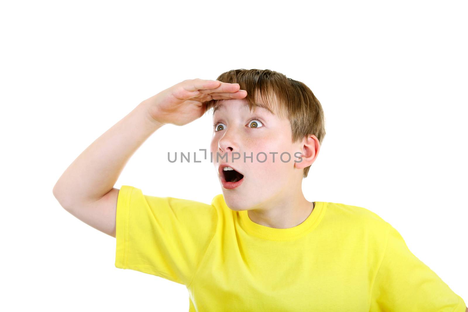 Surprised Kid looking outside Isolated on the White Background