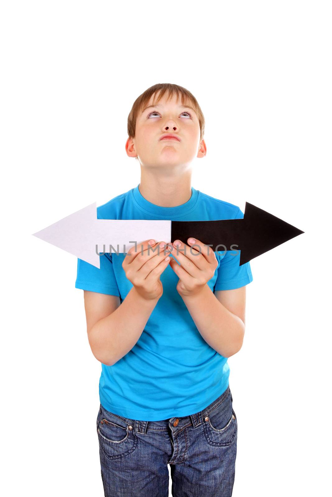 Kid is Thinking and holds Two Arrows Isolated on the White Background