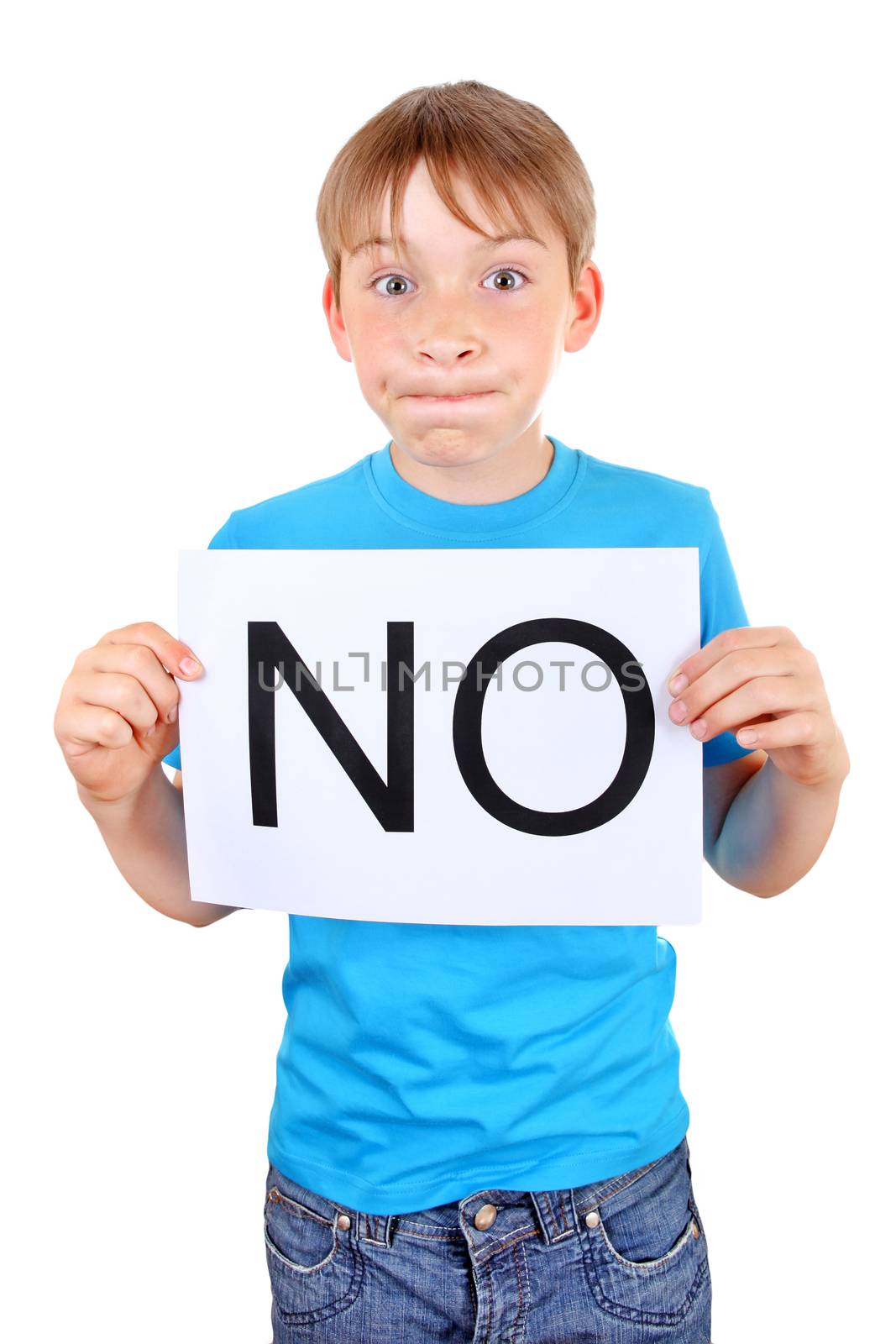 Kid hold a sheet with slogan NO Isolated on the White Background