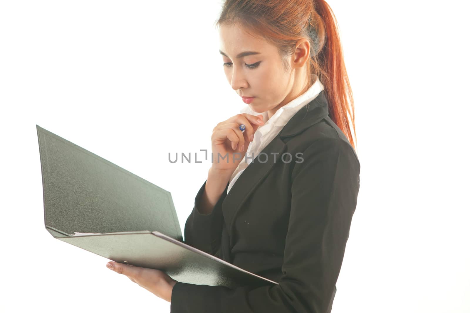 Smiling business asian woman holding document isolated on white background
