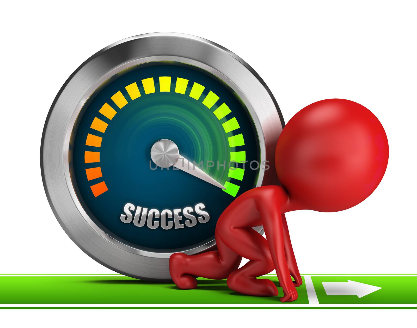 3d small people at the start of next to success meter. 3d image. White background.