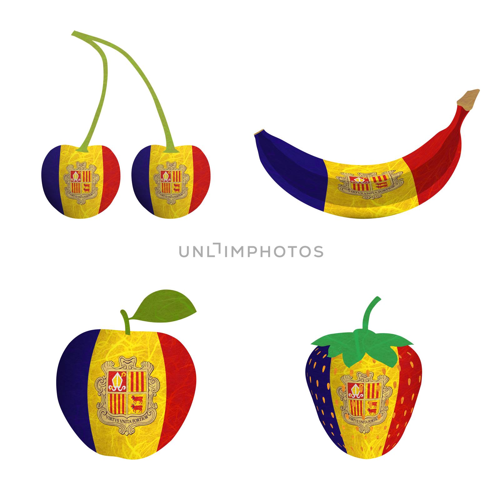 Andorra flag is shape of fruit. Mulberry paper on white background.