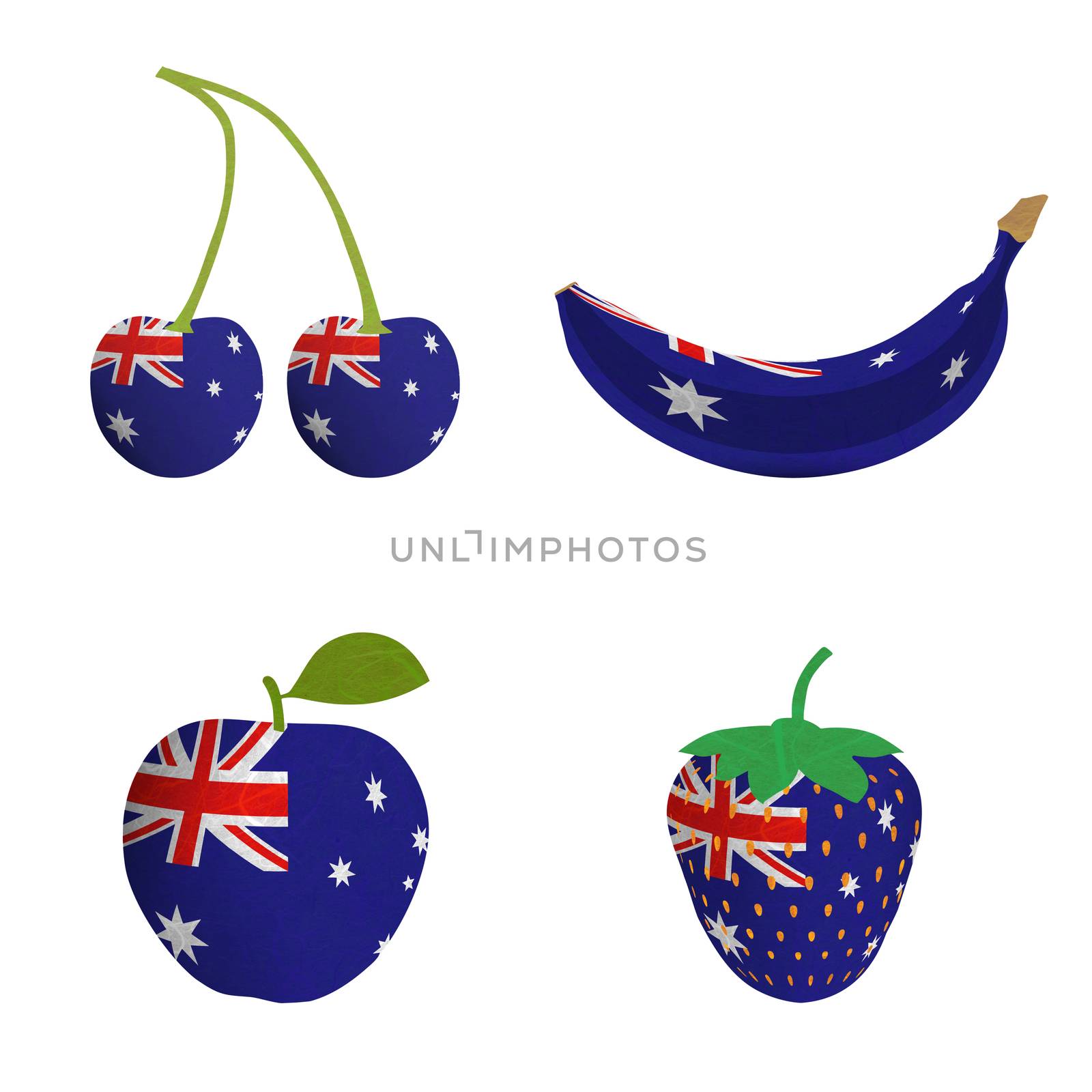 Australia flag is shape of fruit. Mulberry paper on white background.