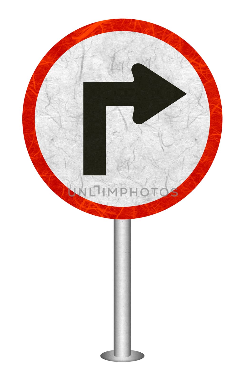 Turn Right traffic sign recycled paper on white background.