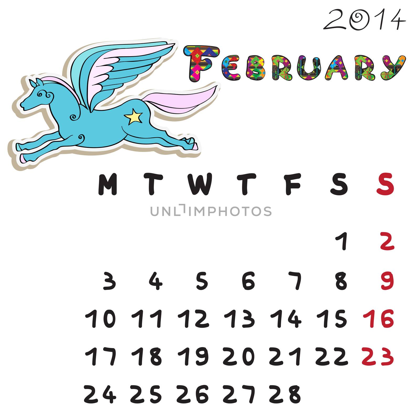 Calendar 2014 year of the horse, graphic illustration of February monthly calendar with toy doodle and original hand drawn text, colored format for kids