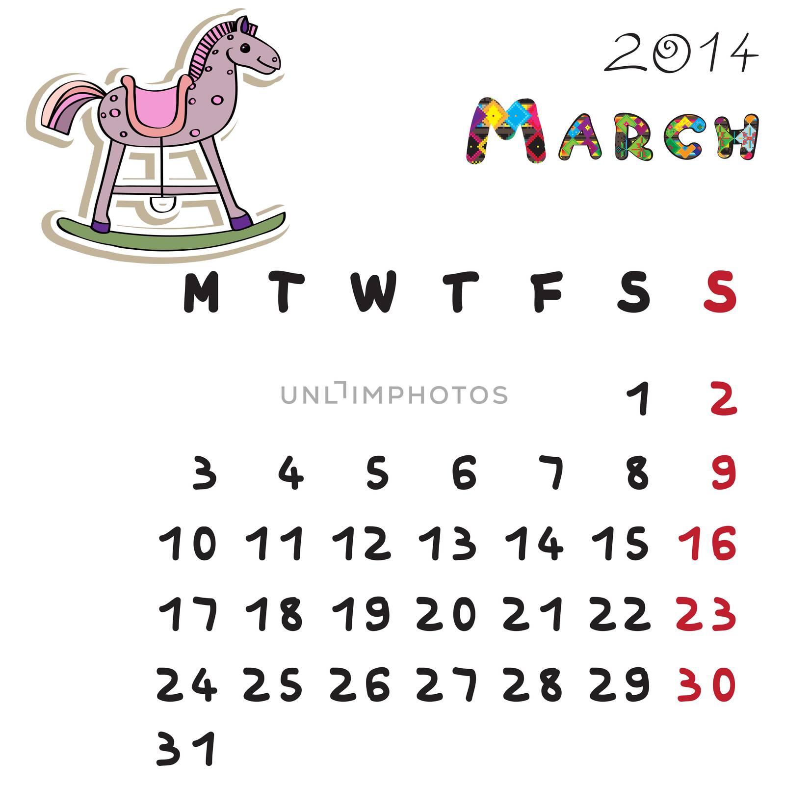 Calendar 2014 year of the horse, graphic illustration of March monthly calendar with toy doodle and original hand drawn text, colored format for kids