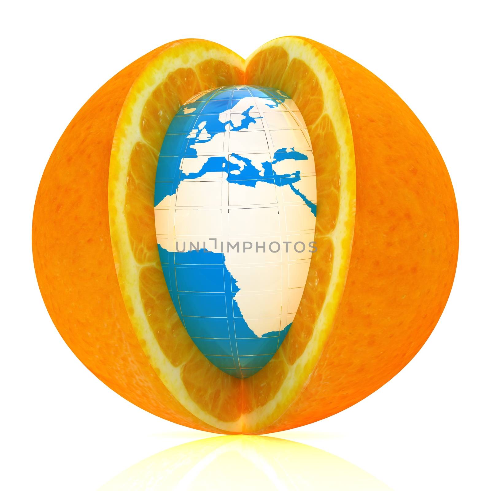 Earth on orange fruit on white background. Creative conceptual image. 