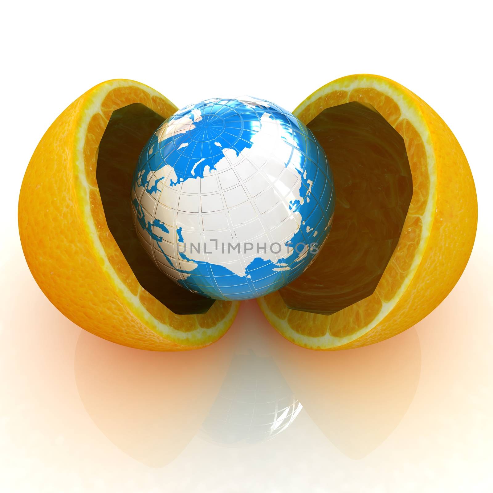 Earth and orange fruit on white background. Creative conceptual image. 