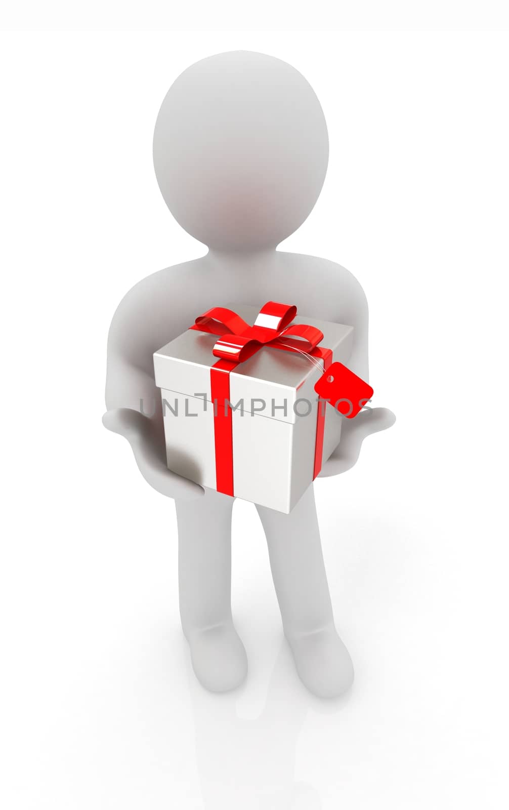 3d man and gift with red ribbon on a white background 