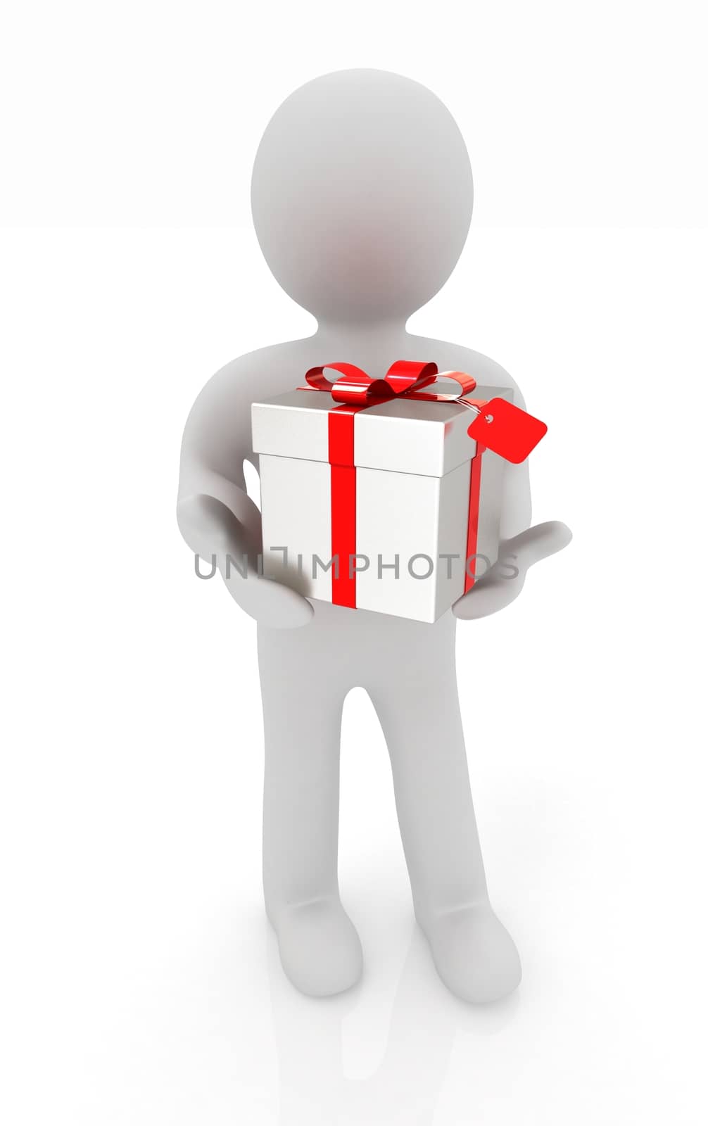 3d man and gift with red ribbon on a white background 