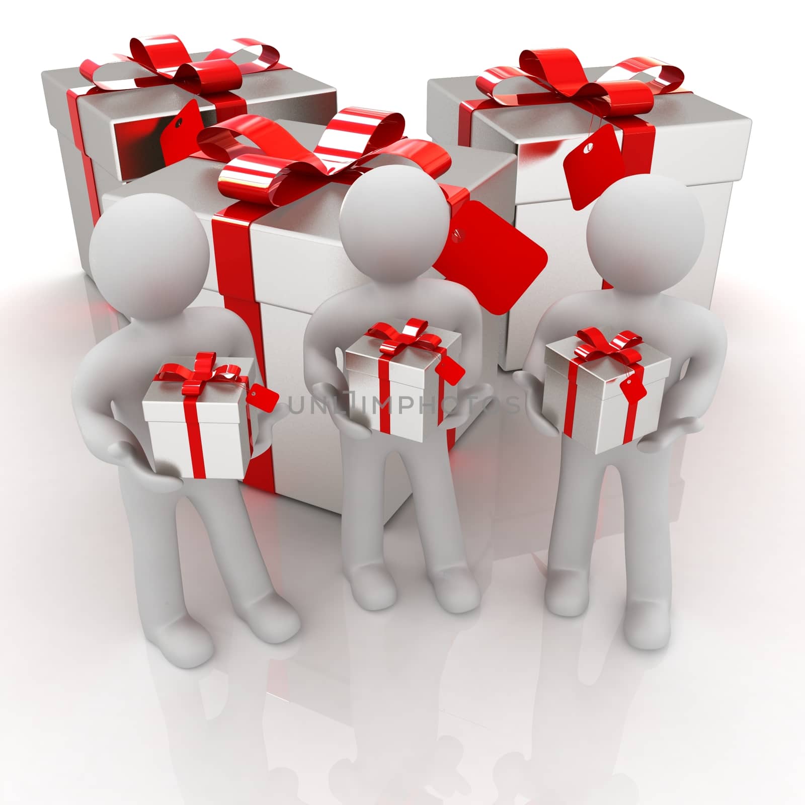 3d mans and gifts with red ribbon on a white background 