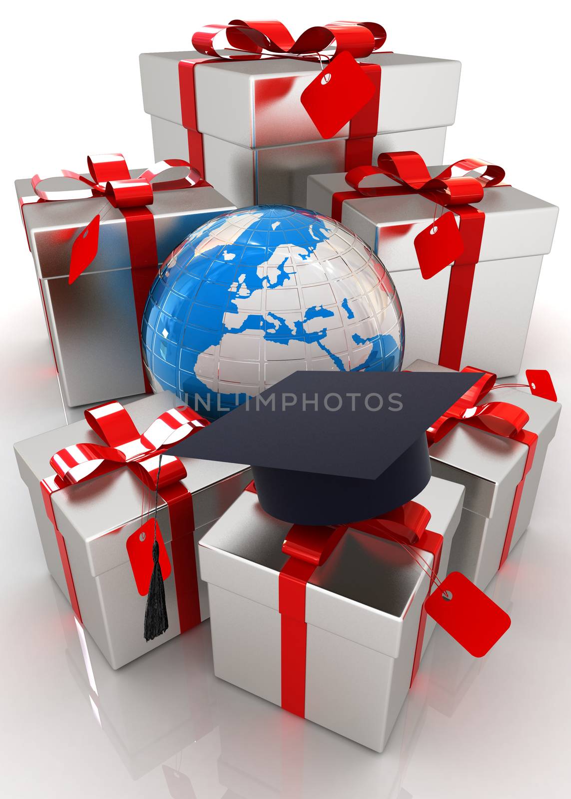 graduation hat and gifts with earth on a white background 