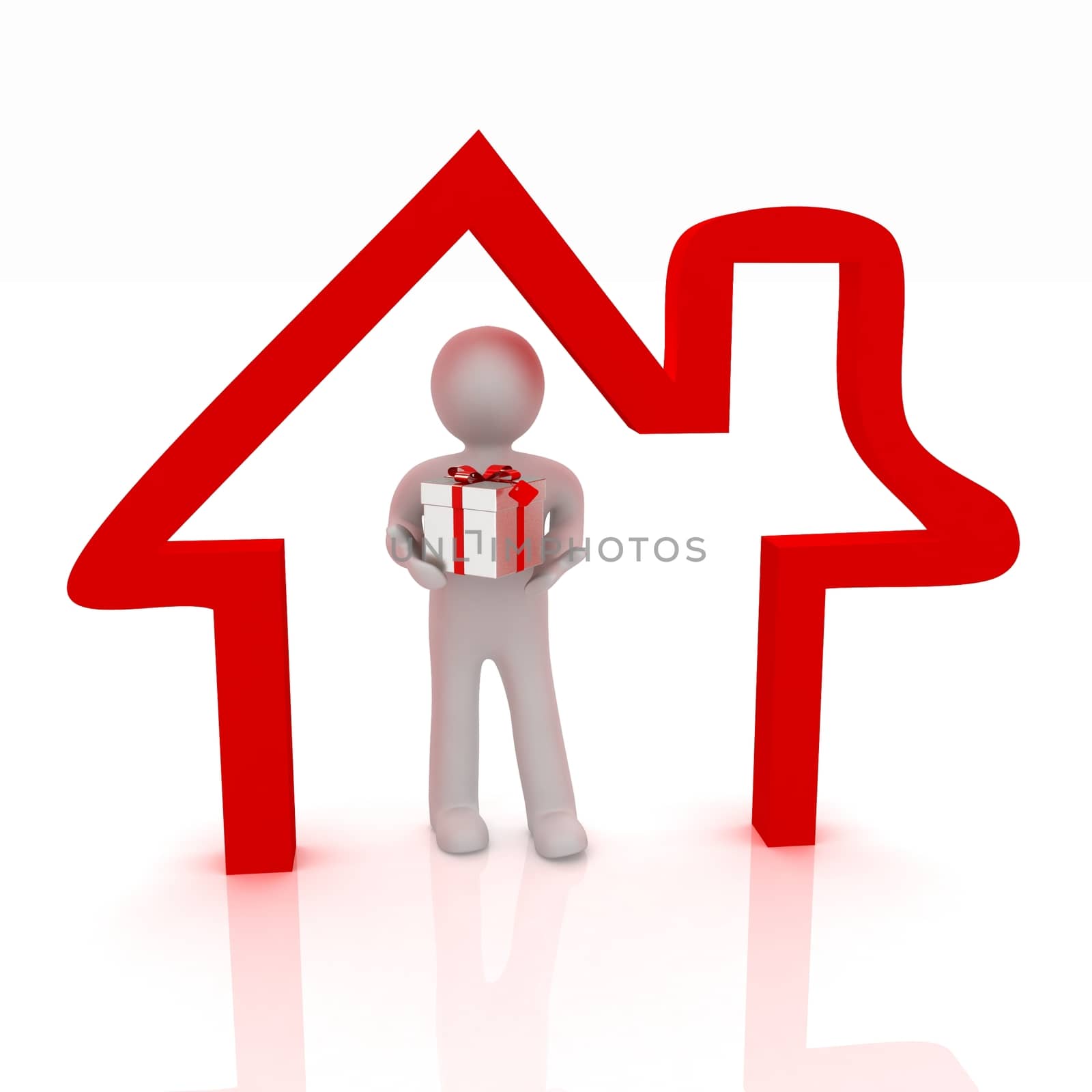 Presentation of new house. 3d man holds the gift, and is within the red icon house 