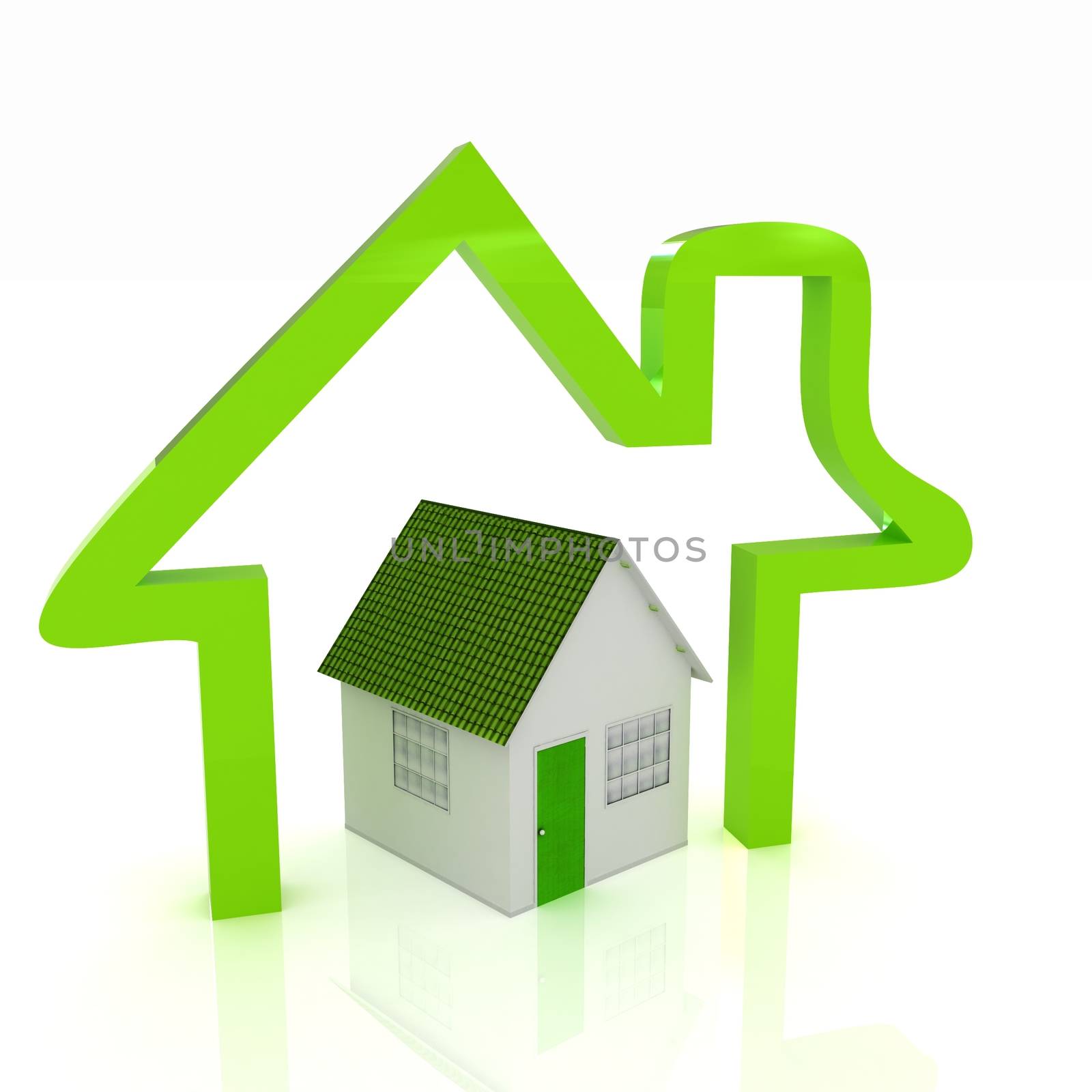 3d green house and icon house on white background 