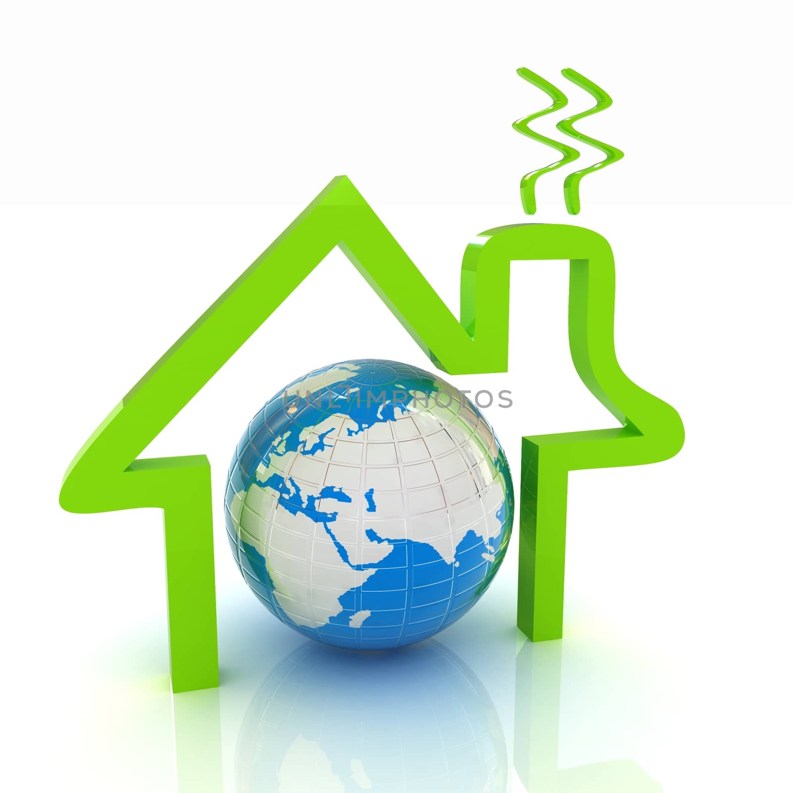 3d green icon house, earth on white background 