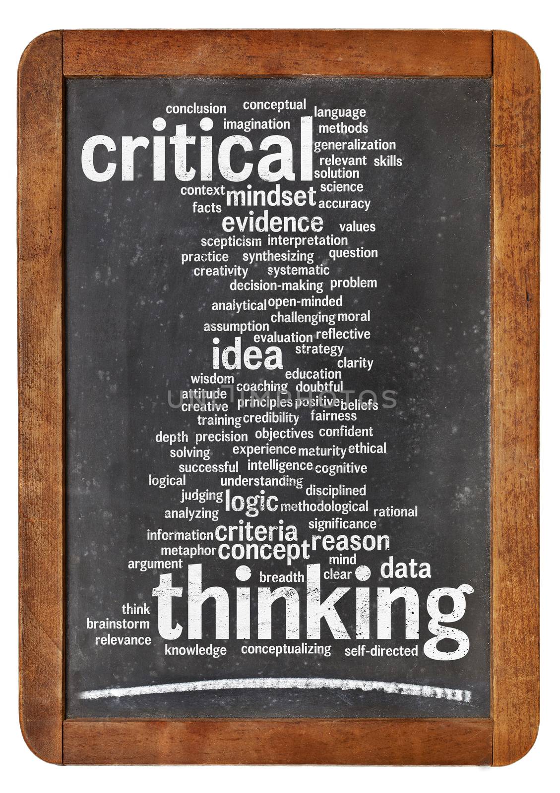 critical thinking word cloud on a vintage blackboard isolated on white