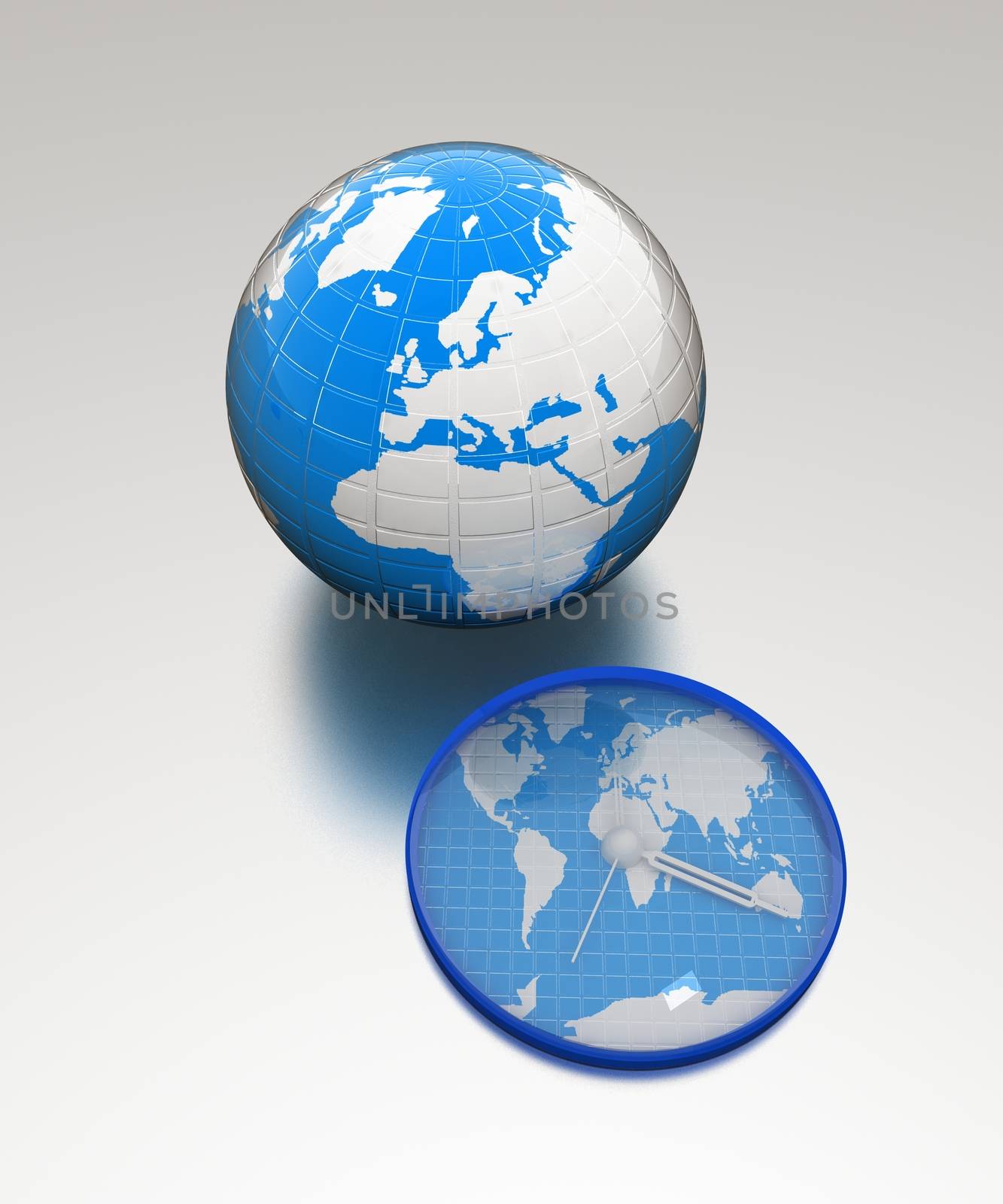 Clock of world map and earth on metallic background