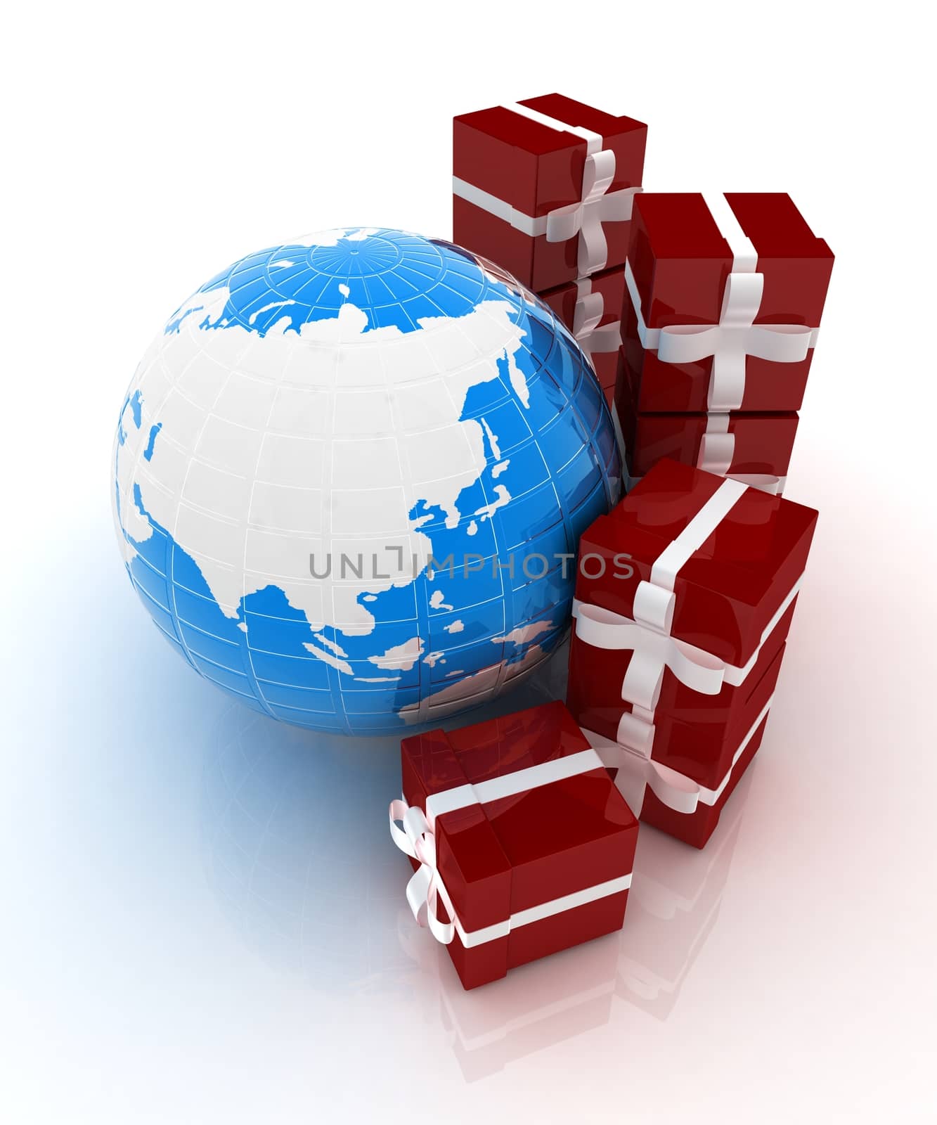 Traditional Christmas gifts and earth on a white background. Global holiday concept 