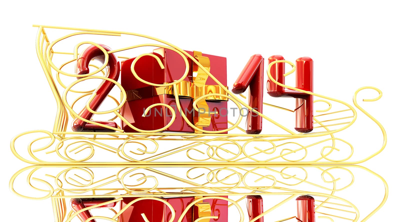 Abstract 3d illustration of text 2014 with present box on a gold by Guru3D