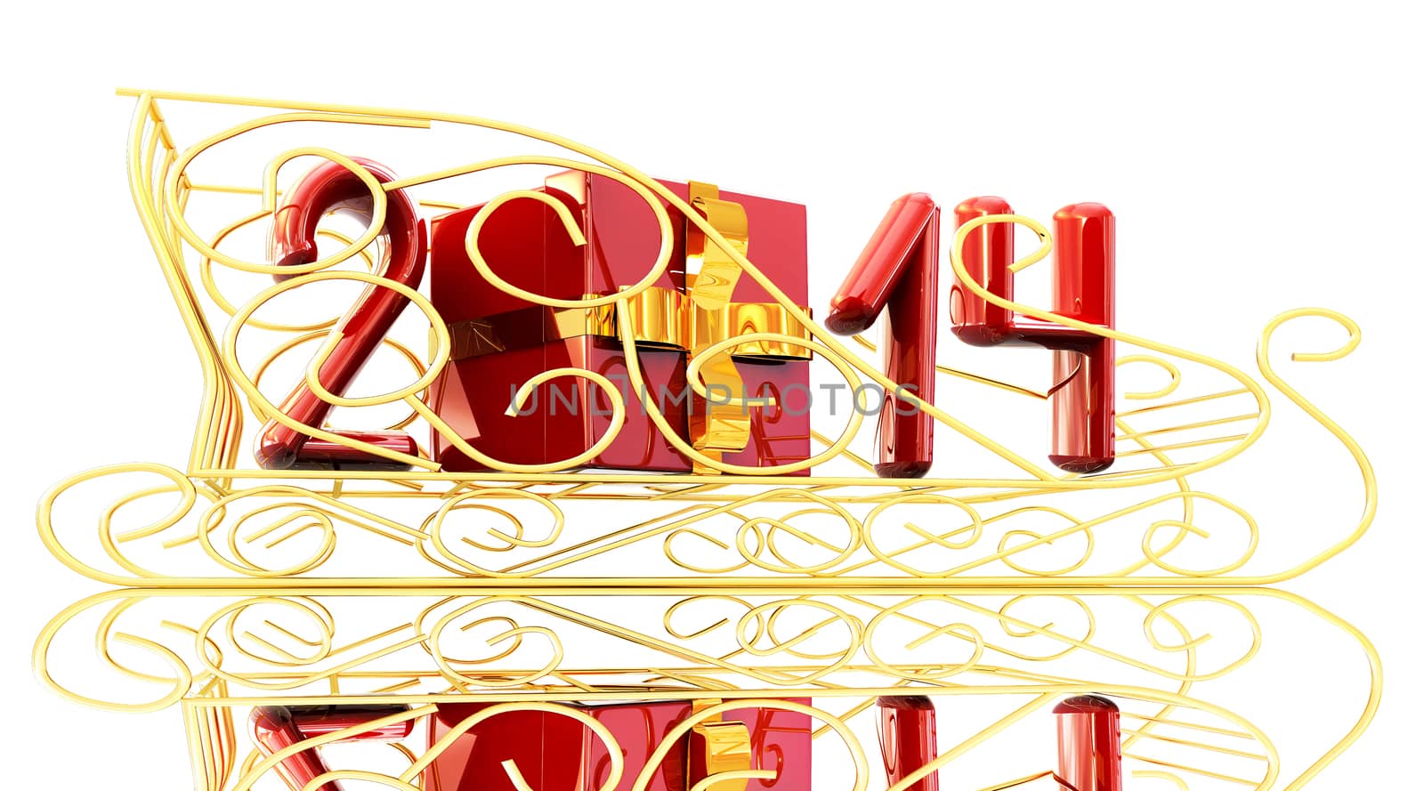 Abstract 3d illustration of text 2014 with present box on a gold sledge