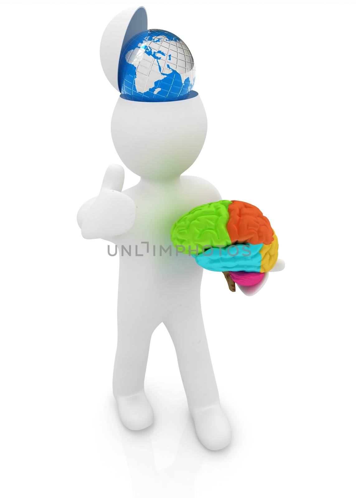 3d people - man with half head, brain and trumb up. Traveling concept with earth