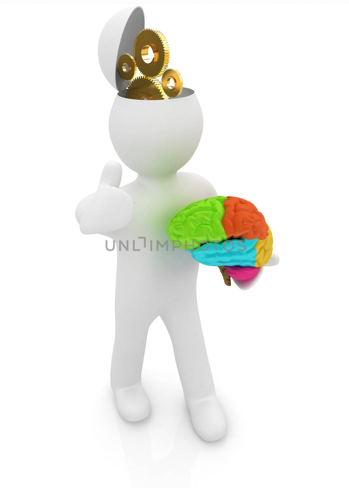 3d people - man with half head, brain and trumb up. Concept of technical solutions with gears