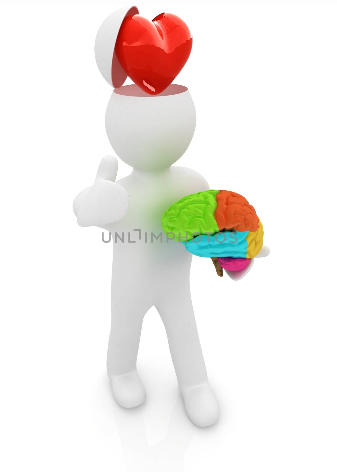 3d people - man with half head, brain and trumb up. Love concept with heart