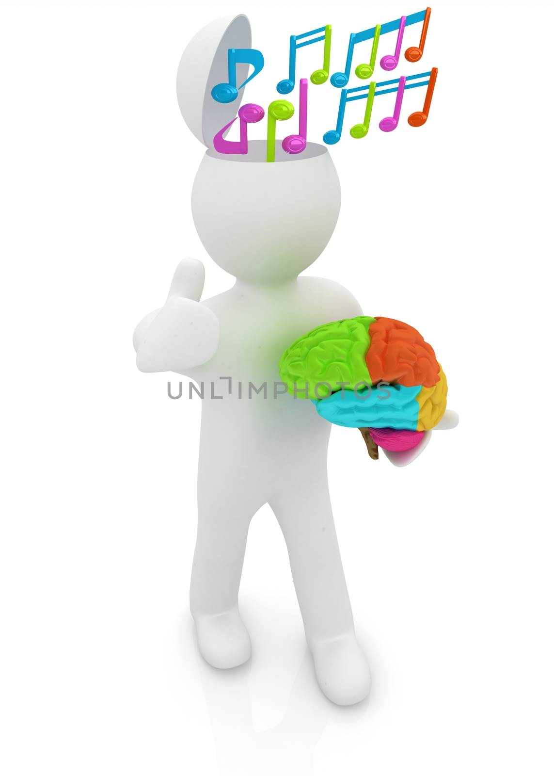 3d people - man with half head, brain and trumb up. �omposer concept with colorfull note 