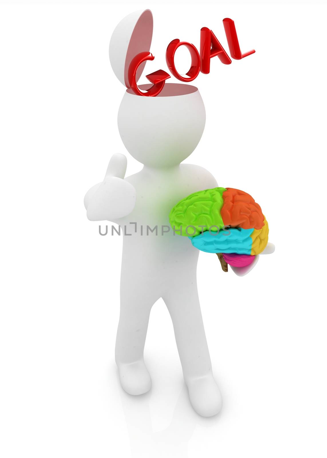 3d people - man with half head, brain and trumb up. Goal concept