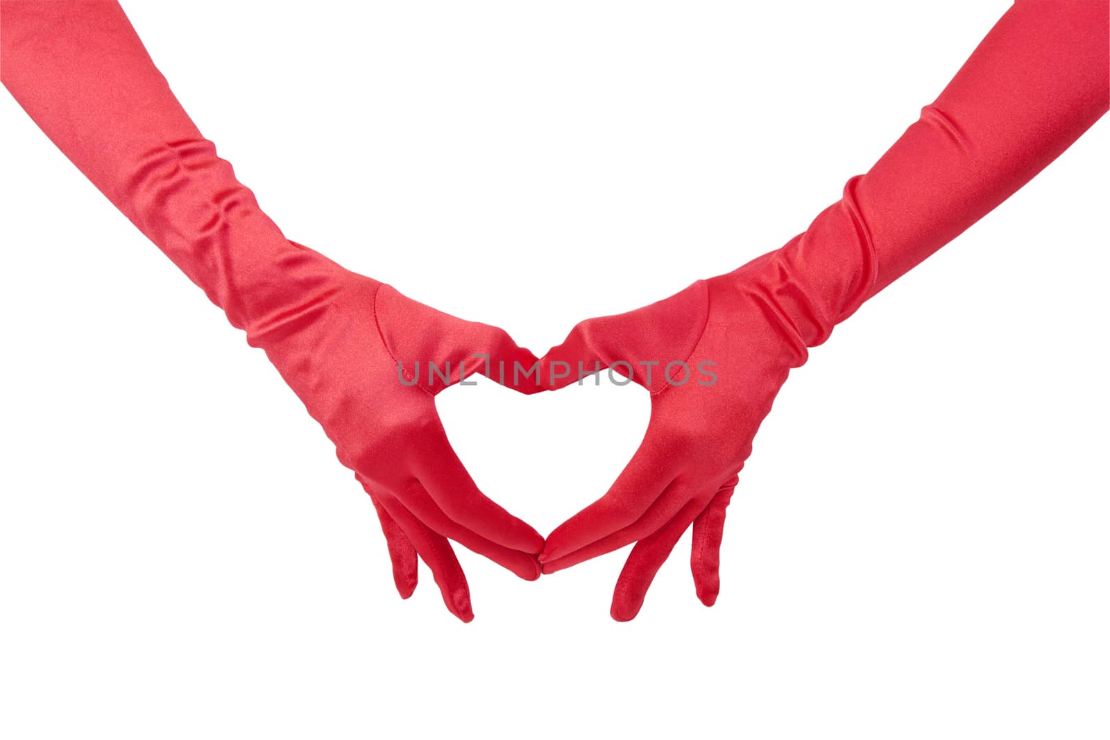 Red gloved hands form a heart shape to make a love sign.  Isolated with clipping Path.