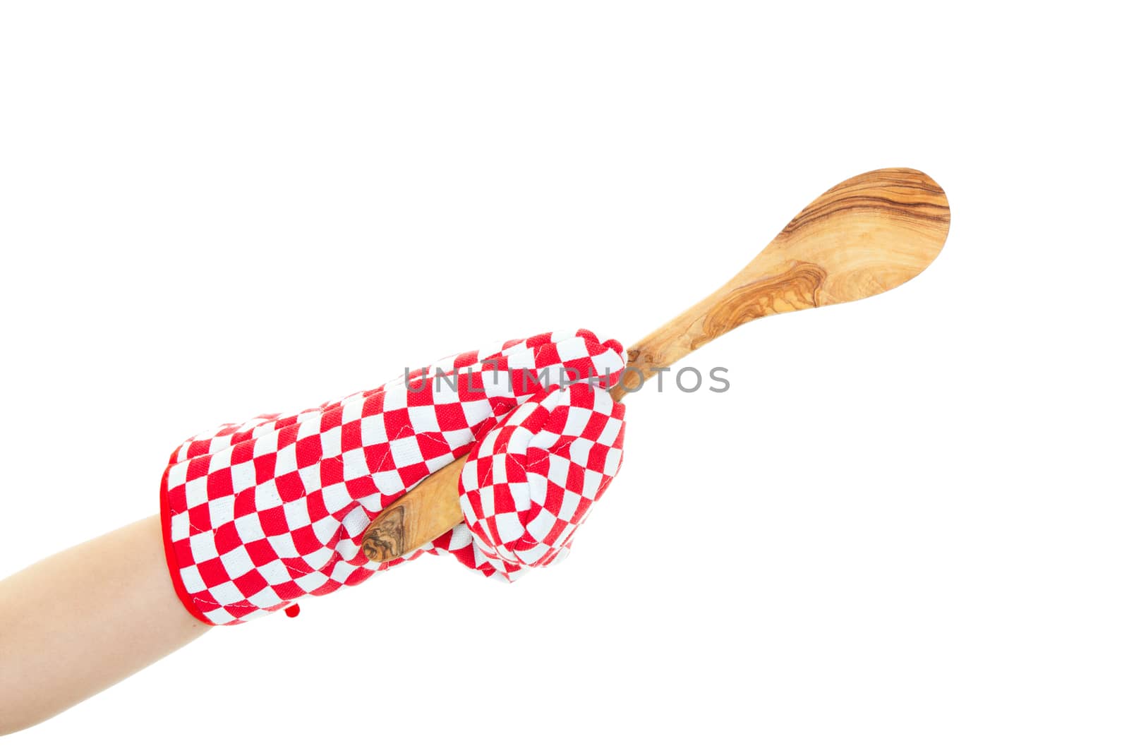 A cook's arm wearing an oven mitt and pointing with a wooden spoon.