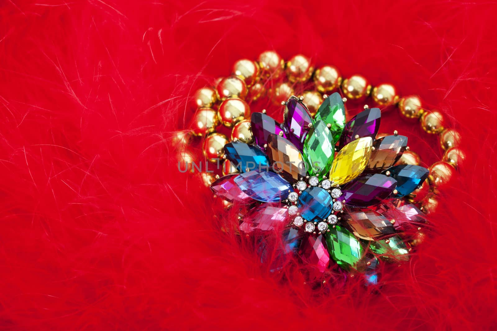 Shiny, vintage bracelet on a feathered red background.