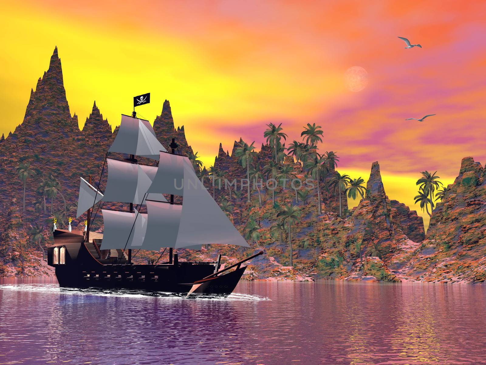 Pirate ship by sunset - 3D render by Elenaphotos21
