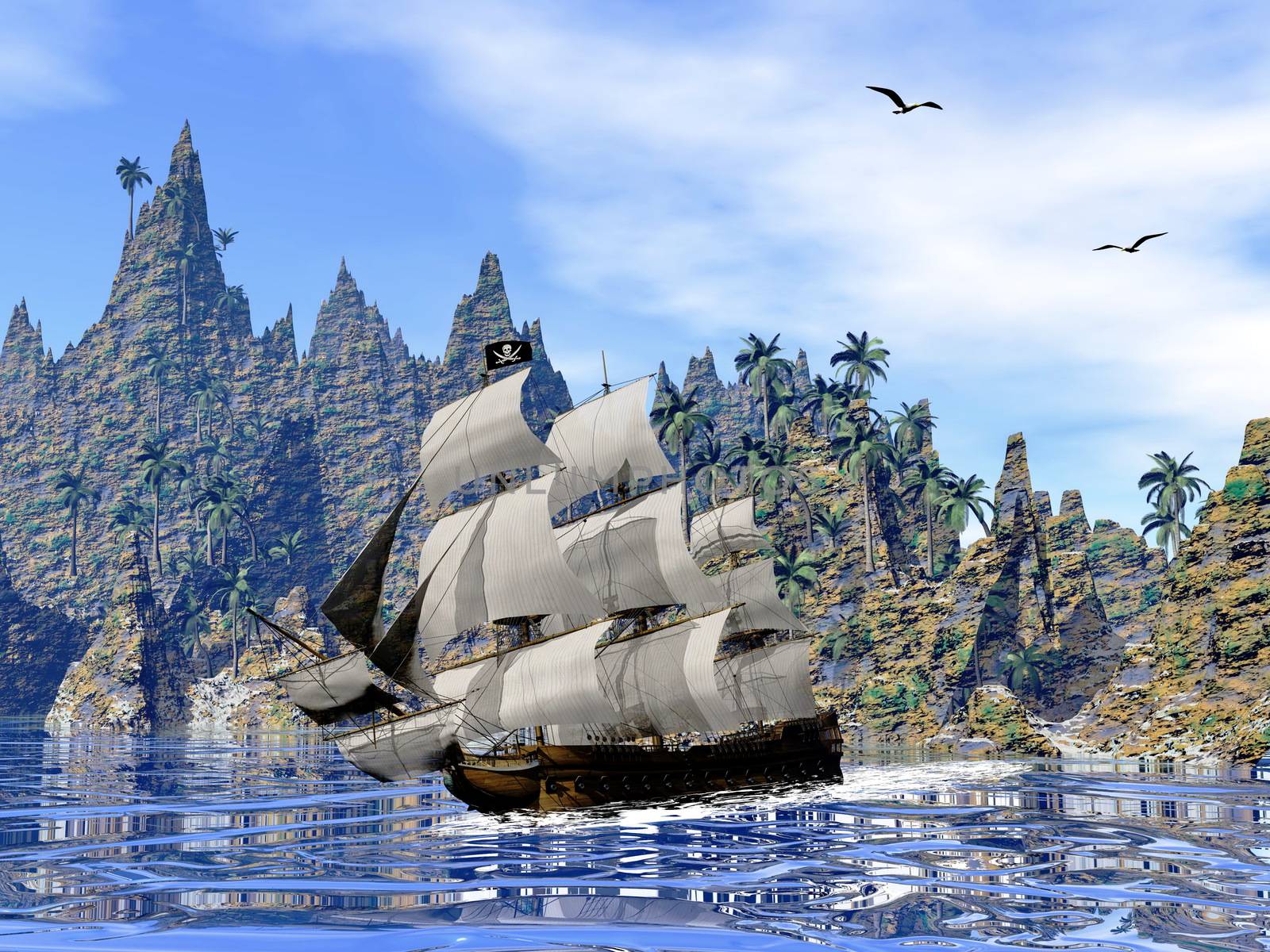 Pirate ship on the coast - 3D render by Elenaphotos21